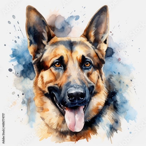 German Shepherd's face in a Watercolor design on a white background