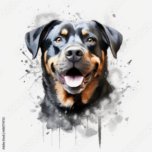 watercolor black and white color Rottweiler design on a white background