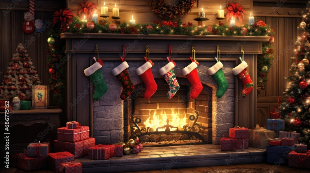  a christmas tree in front of a fireplace in a living room with a fireplace mantel and a christmas tree in front of a fireplace mantel.