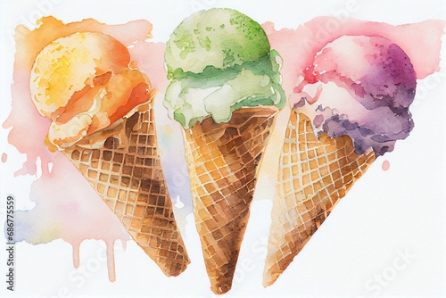 Colorful watercolor style summer ice-cream illustration featuring an array of ice cream scoops nestled in a wafer cone.