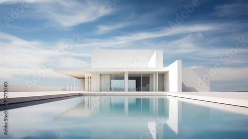 Contemporary residential architecture is predominantly white, minimalist, atmospheric, and modern. Super real, super detailed, top quality. Beautiful background.