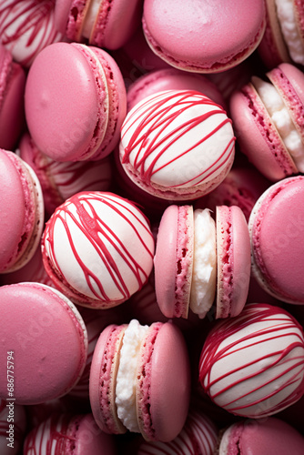 pink and white striped macaroons on a white surface  in the style of dark red and light crimson  monochromatic created with Generative Ai