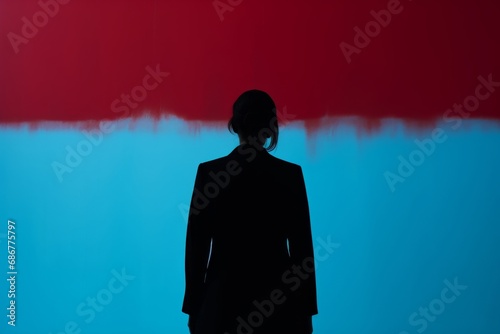 woman is standing in front of her face with a light in the background minimal graphic ideas concept red and blue color tone movie cinema creative poster ideas template background stylish creation idea