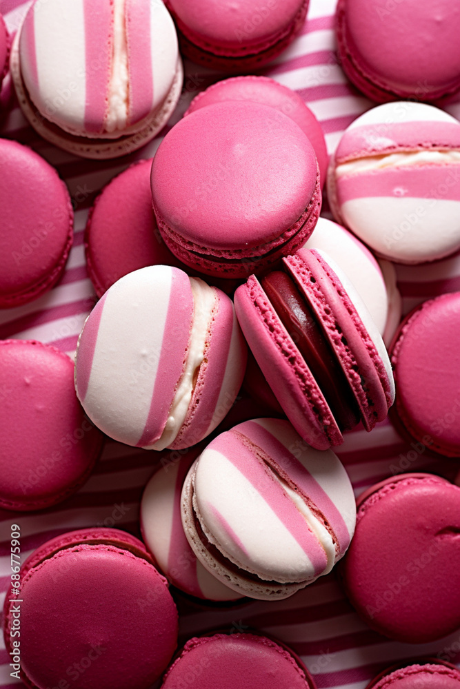 pink and white striped macaroons on a white surface, in the style of dark red and light crimson, monochromatic created with Generative Ai pink and white striped macaroons on a white surface, in the style of dark red and light crimson, monochromatic created with Generative Ai