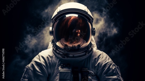 portrait of An astronaut helmet reflection isolated on dark background photo