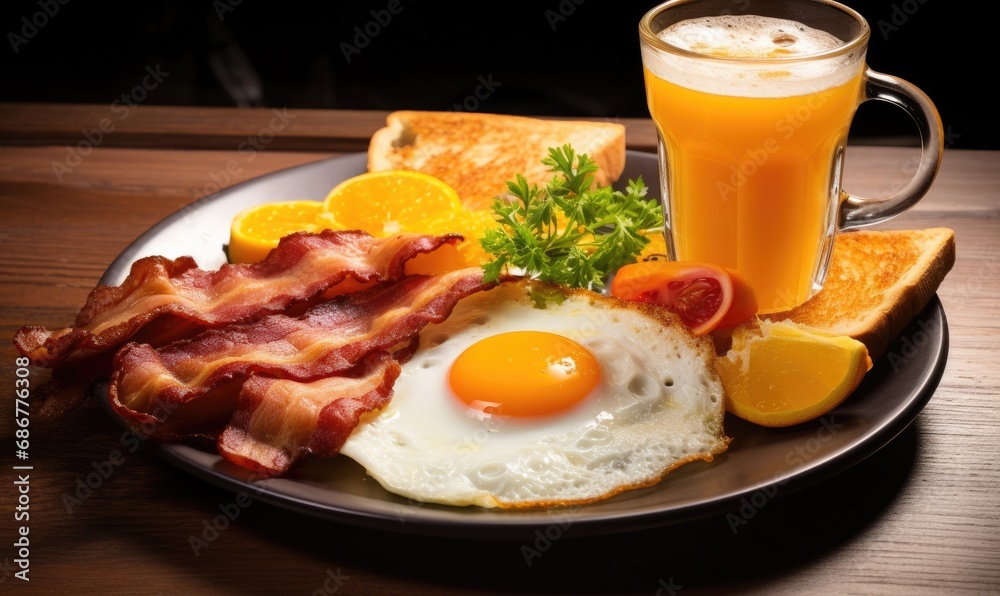 A typical British breakfast. Delicious breakfast plate with fried eggs, toast, bacon, sausage, beans A typical British breakfast. Delicious breakfast plate with fried eggs, toast, bacon, sausage, beans
