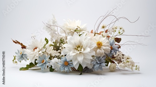 Beautiful bouquet featuring blue and white decorative flowers, creating an elegant and enchanting display to enhance the ambiance of any occasion.
 photo
