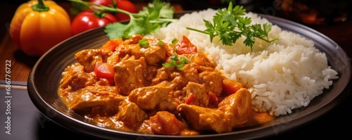 Delicious chicken curry with rice served on a plate and ready to eat. Healthy eating concept