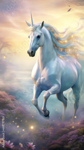 A mystical and whimsical image depicting a white unicorn majestically galloping across a pastel colored meadow under a vibrant blue sky created with Generative Ai