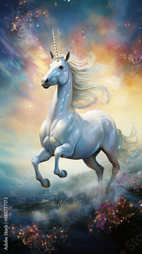 A mystical and whimsical image depicting a white unicorn majestically galloping across a pastel colored meadow under a vibrant blue sky created with Generative Ai