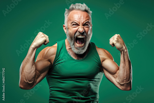 Portrait of delighted funky person raise fists attainment luck shout yes hooray isolated on green color background © PixelGallery