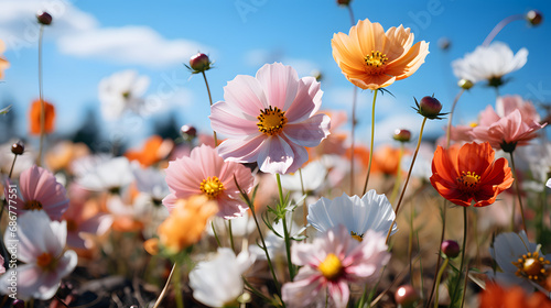 Beautiful Blooms Against a Soft Blue Sky in a Field, Captured in a Gentle Focus