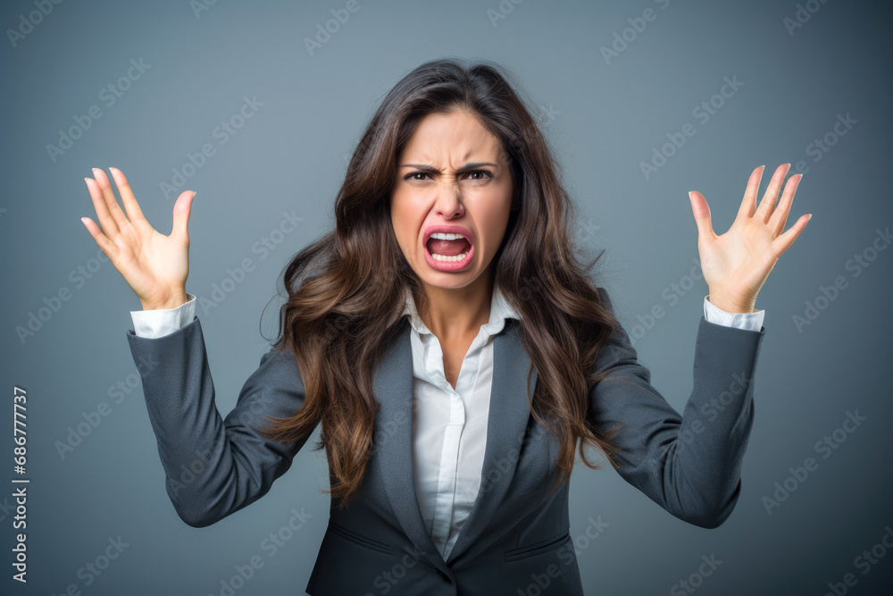 Photo of angry overworked stressed businesswoman raise hands up why always me grimace frustrated isolated on grey color background Photo of angry overworked stressed businesswoman raise hands up why always me grimace frustrated isolated on grey color background