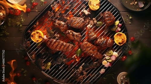 Top View of Barbecue BBQ Image for Menu and Restaurant Advertising, Assorted Delicious Grilled Meat, Family Party Celebration Time