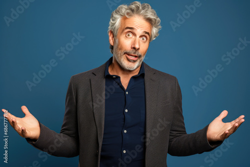 Portrait of attractive cheerful man asking shrugging shoulders isolated over blue color background photo