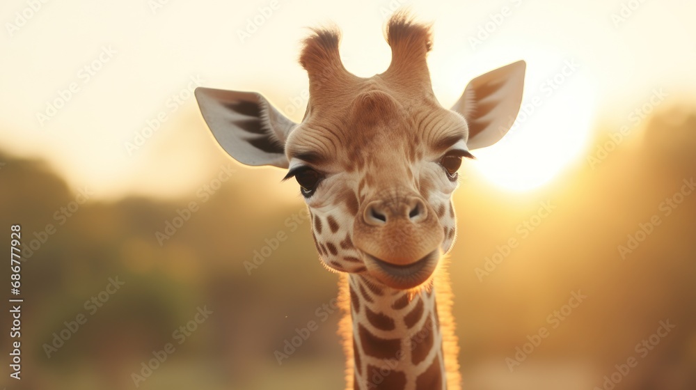 Naklejka premium a giraffe standing in the middle of a field with a sky in the background and a giraffe standing in the middle of the middle of the field with a giraffe standing giraffe.