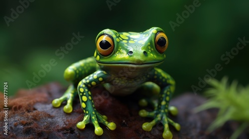  a close up of a frog sitting on a tree branch in front of a tree branch in a forest