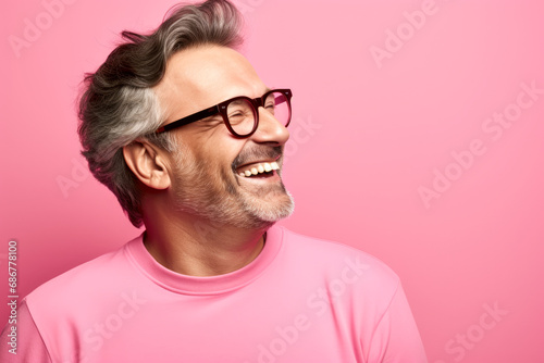 Photo of positive overjoyed man open mouth say tell news isolated on pink color background