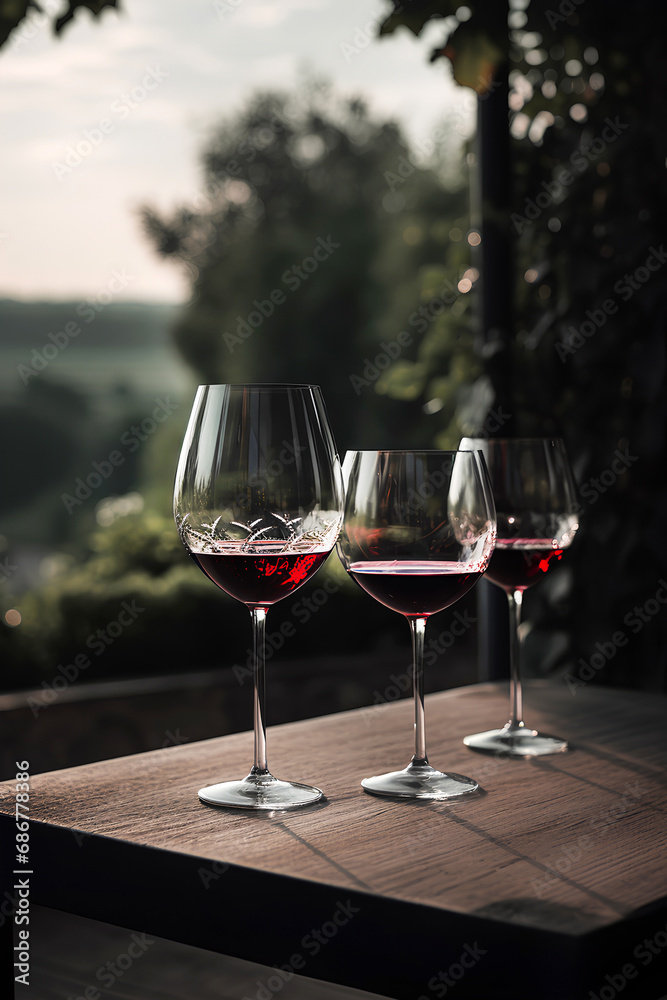 Glasses of red wine on the table outdoors on blurred natural background