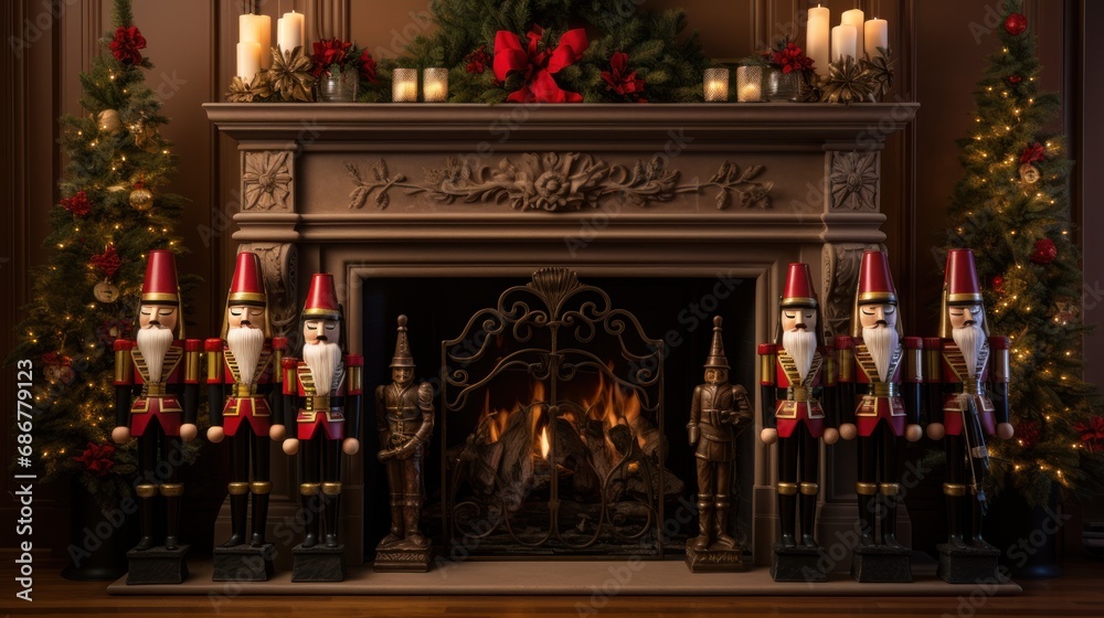  a christmas tree in front of a fireplace in a living room with a christmas tree on the fireplace mantel.