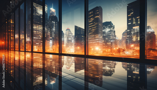 Reflective skyscraper office buildings at night, background for business, finance or architecture