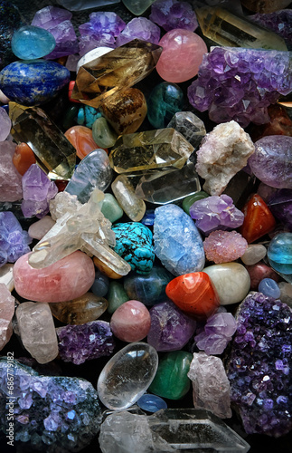 Foto collection of colorful crystal gemstones close up, abstract background