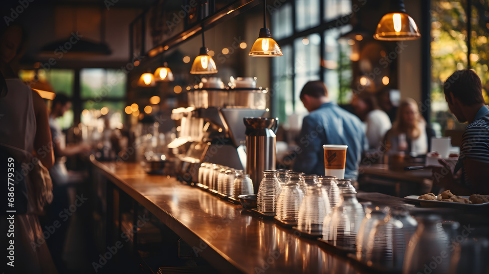 Blur coffee shop or cafe restaurant, Blurred restaurant background with some people and waiters working