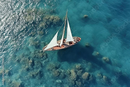 Aerial top view of traditional wooden sailing boat