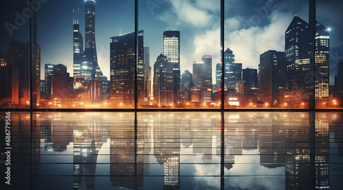 Reflective skyscraper office buildings at night, background for business, finance or architecture
