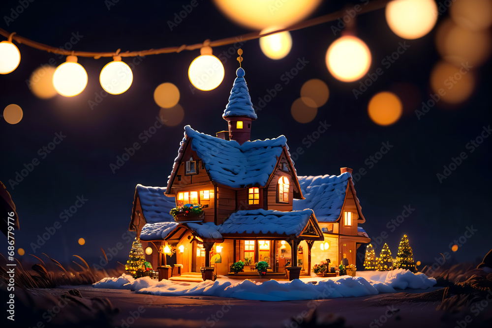 Fototapeta premium a Christmas house with lights and snow on the ground and a string of lights hanging from the ceiling above.