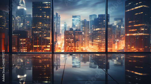 Reflective skyscraper office buildings at night, background for business, finance, architecture, travel