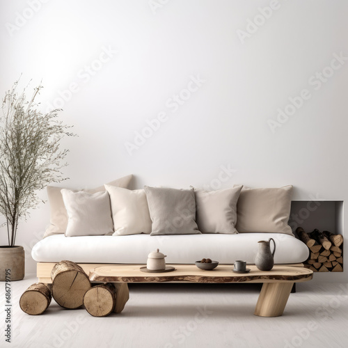 Wood slab coffee table, sofa with beige pillows near fireplace against white wall with copy space. Scandinavian home interior design of modern living room.