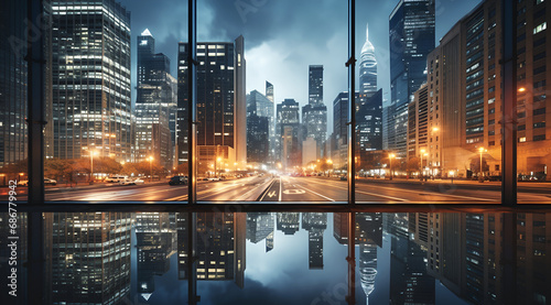 Reflective skyscraper office buildings at night, background for business, finance or architecture