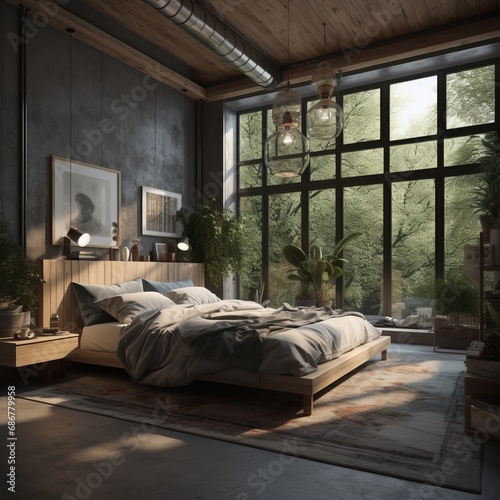 Bedroom interior with large window with garden view in modern house. © tynza