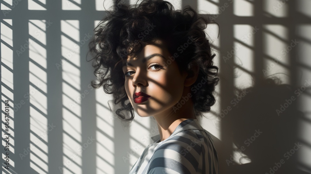 Fototapeta premium beauty fashion woman model portrait with striped black and white light, game of geometry and shadows, fashionable female studio shot