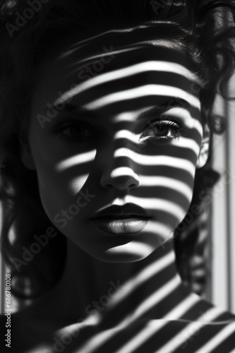 beauty fashion woman model portrait with striped black and white light  game of geometry and shadows  fashionable female studio shot