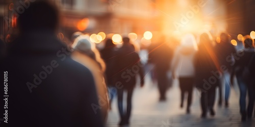 Back view of a crowd of people walking on the street in a busy European city in the evening out of focus blurred background - Generative ai