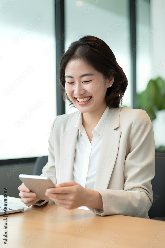 japanese business woman holding phone using cellphone in office. Smiling professional businesswoman executive using smartphone cell mobile apps on cellphone working sitting at desk. generative AI japanese business woman holding phone using cellphone in office. Smiling professional businesswoman executive using smartphone cell mobile apps on cellphone working sitting at desk. generative AI