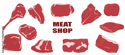 Steak Set Cuts of beef and beef used for cooking steaks and grills vector cartoon illustration For a butcher shop or steak restaurant menu.