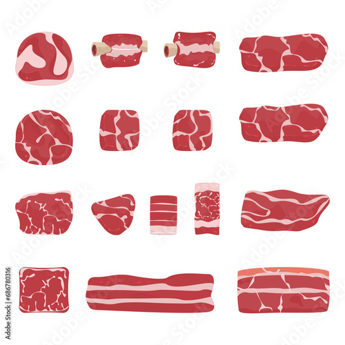 Beef pork packaging, a set of supermarket meat packages, isolated white beef and pork steak Vector illustration Isolated on the background, easy to edit.