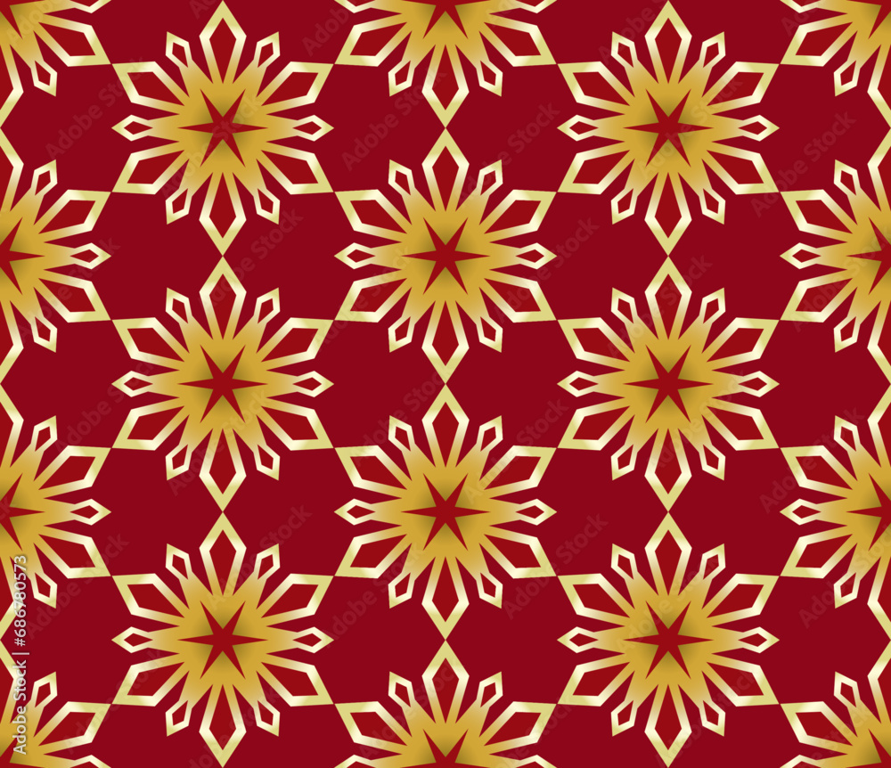 Christmas seamless pattern with golden snowflakes on red background. Snowflakes ornament vector illustration. Decorative design for printing gift wrapping paper. Chinese New Year mood printing. Christmas seamless pattern with golden snowflakes on red background. Snowflakes ornament vector illustration. Decorative design for printing gift wrapping paper. Chinese New Year mood printing.