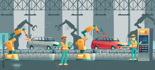 Robotized car factory cartoon concept.