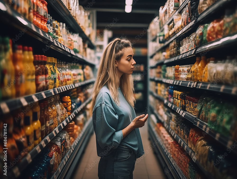 A woman compares products in a grocery store based on their nutritional value, price and composition, demonstrating conscious consumer behavior. 