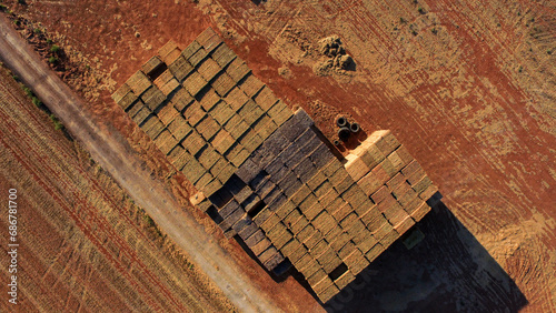 detail of overhead view of a mountain of straw bales photo