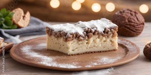 Mexican Icebox Coffee Cake on the wooden table with Bokeh lights background with copy space