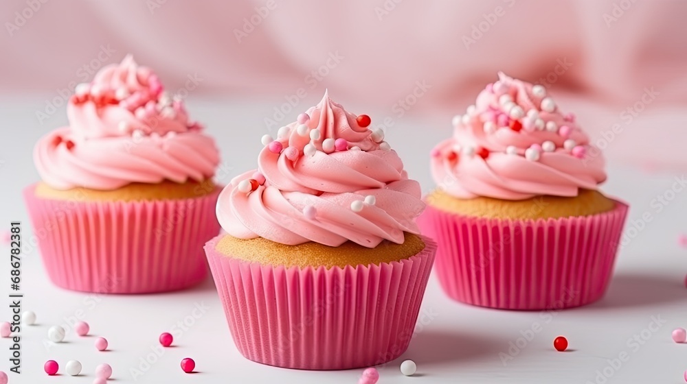Three delicious sweet cupcakes with pink cream and frosting, with sprinkles for holiday occasions