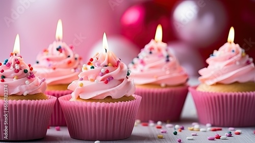 Delicious sweet cupcakes with pink cream, sprinkles and festive candles for special occasions. Birthday Cupcake © Olena