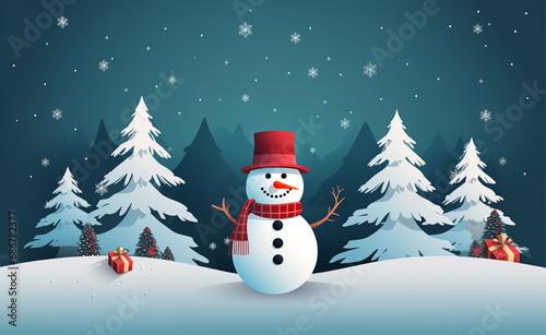 a free winter greeting card with an ornamental snowman and trees © Sabina Gahramanova