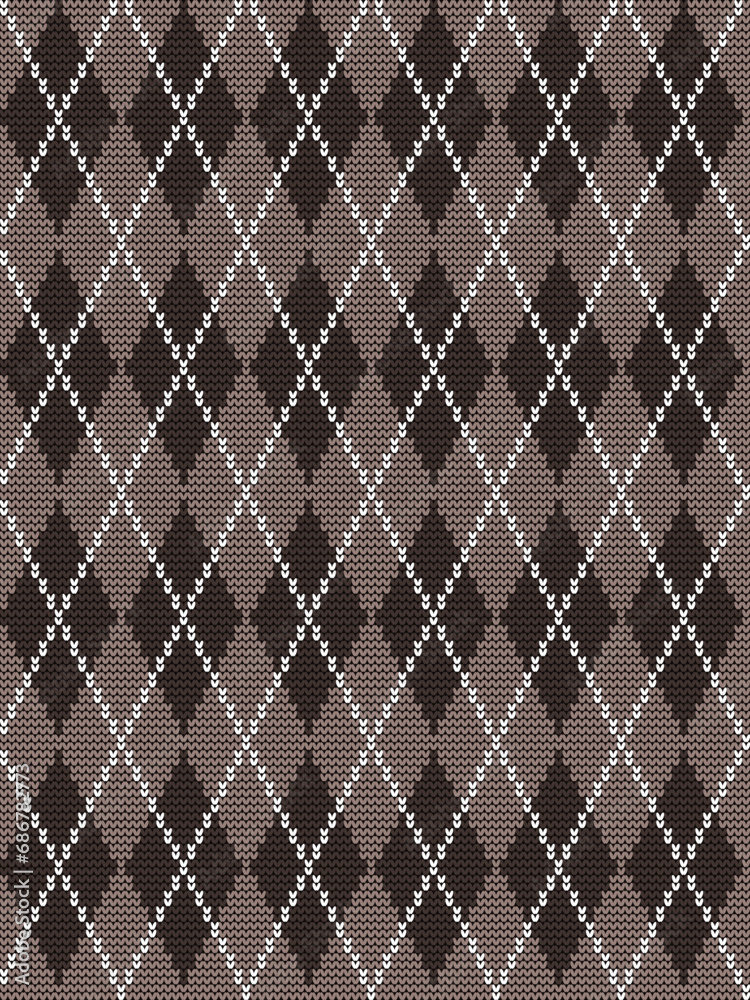 Argyle print in brown and white colors. Seamless knitted pattern with rhombuses. Checkered background. Vector illustration Argyle print in brown and white colors. Seamless knitted pattern with rhombuses. Checkered background. Vector illustration