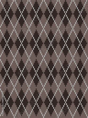 Argyle print in brown and white colors. Seamless knitted pattern with rhombuses. Checkered background. Vector illustration